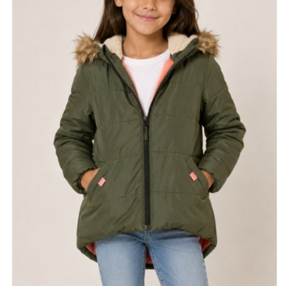 Treasure & Bond Girls Olive Green Faux Fur Hooded Puffer Jacket Size S‎ 7/8